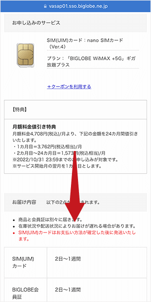 BIGLOBE WiMAXの申し込み画面3（SIMのみ）