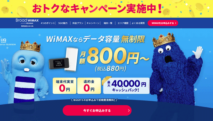 Broad WiMAXの通常ページのLP