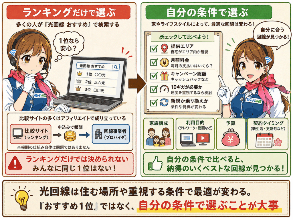 光回線をランキングから選ぶのと自分の条件に合ったものから選ぶことの違い