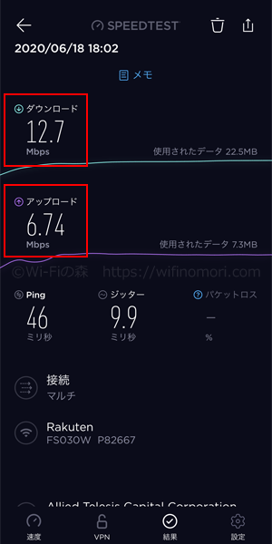 楽天モバイル×FS030Wの実効速度を測定 18時02分