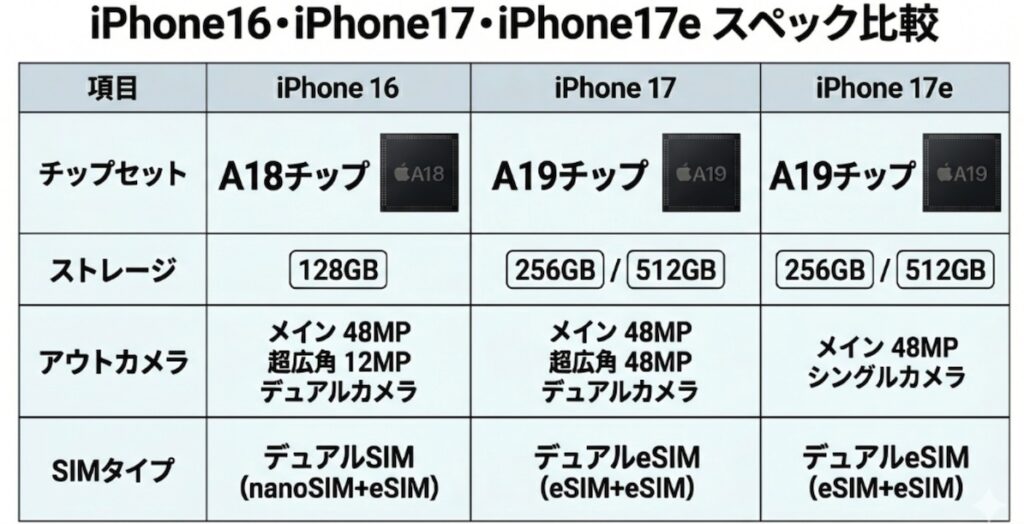 iPhone16・17・17eの比較