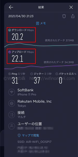 午後9時台のMugen WiFiの通信速度