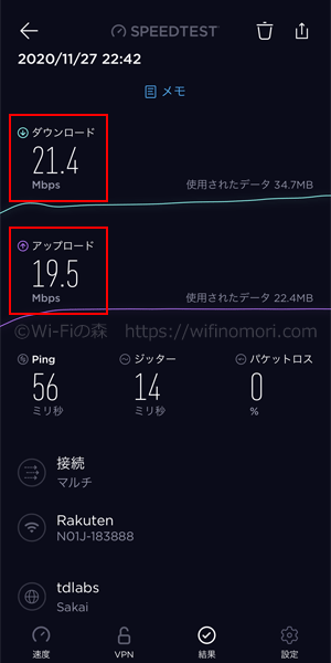 楽天モバイル×N-01Jの実際の速度