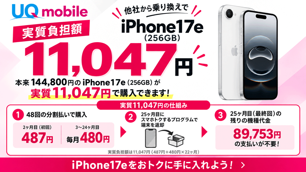 UQモバイル乗り換え+iPhone17e（256GB）の購入：実質11,047円