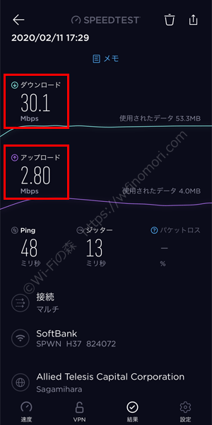 W06×FUJI Wifiの実効速度を測定
