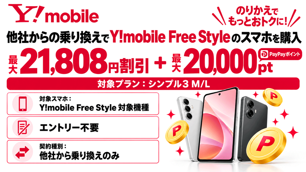 乗り換えでY!mobile Free Styleの対象スマホが最大21,808円割引+最大20,000pt